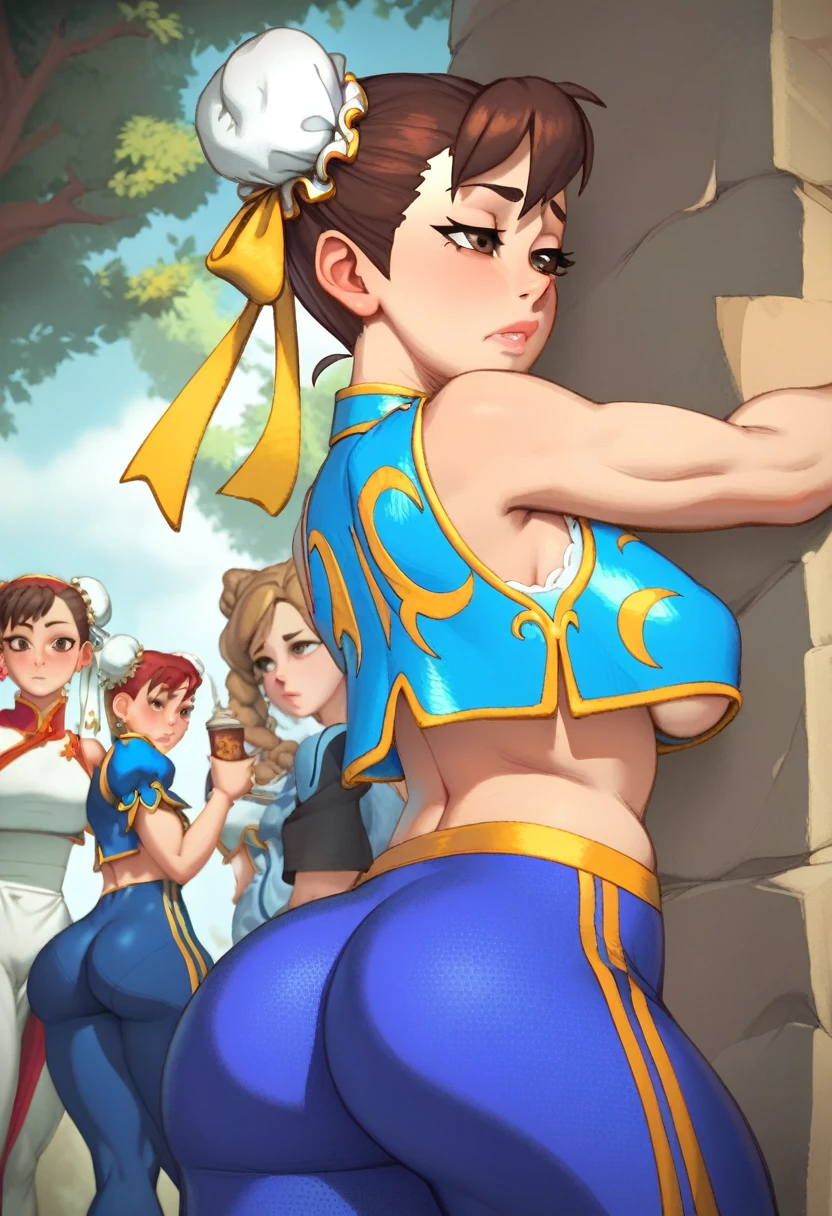 Masterpiece, 4k, highly detailed, CHUN-LI, brown eyes, double bun, yellow ribbon, blue bodysuit, crop top, sleeveless, wide ass, from behind, tired look, 2 girls, short brown hair, red headband, perfect ass, crowd of . sweaty, 