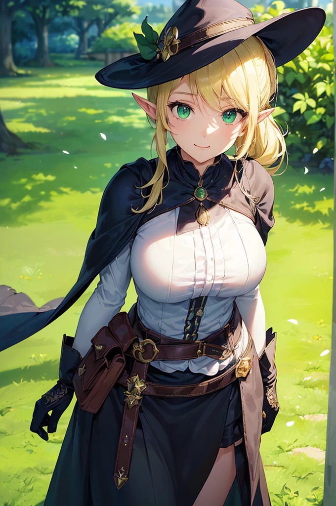 (((masterpiece; best quality: 1.2))), (finely detailed eyes: 1.3), (25 year old elf woman), (solo), (green eyes: 1.4), (body; big breasts, fit, femenine: 1.3), (silky blonde hair in low ponytail: 1.3), (beautiful and clear background: 1.2), ((depth of field)), (equipment: adventurer garb + modest + elegant wide-brimmed hat + dark blouse + dark cape + black long skirt + gloves + belt + pouches: 1.3), (anime illustration: 1.2), (background composition; royal garden: 1.1), (extremely fine and beautiful: 1.1), (shot composition; standing + centered on torso + close-up: 1.5), (expression; calm, smile: 1.2)