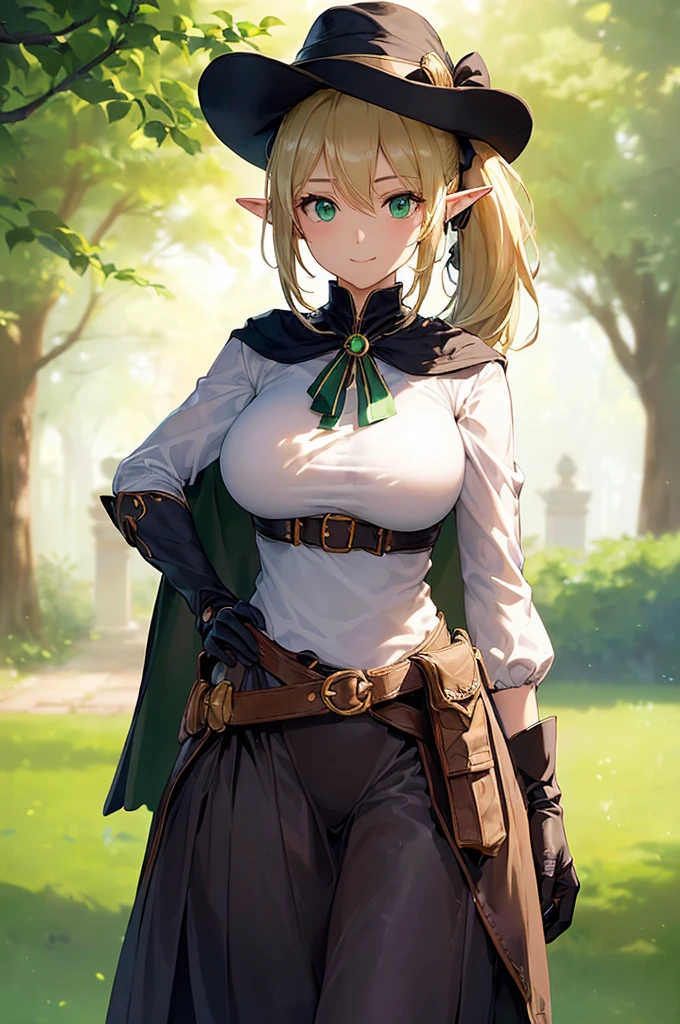(((masterpiece; best quality: 1.2))), (finely detailed eyes: 1.3), (25 year old elf woman), (solo), (green eyes: 1.4), (body; big breasts, fit, femenine: 1.3), (silky blonde hair in low ponytail: 1.3), (beautiful and clear background: 1.2), ((depth of field)), (equipment: adventurer garb + modest + elegant wide-brimmed hat + dark blouse + dark cape + black long skirt + gloves + belt + pouches: 1.3), (anime illustration: 1.2), (background composition; royal garden: 1.1), (extremely fine and beautiful: 1.1), (shot composition; standing + centered on torso + close-up: 1.5), (expression; calm, smile: 1.2)