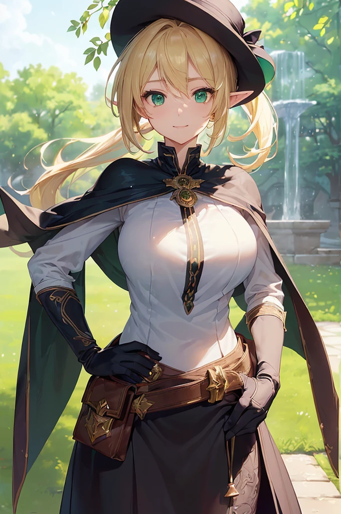(((masterpiece; best quality: 1.2))), (finely detailed eyes: 1.3), (25 year old elf woman), (solo), (green eyes: 1.4), (body; big breasts, fit, femenine: 1.3), (silky blonde hair in low ponytail: 1.3), (beautiful and clear background: 1.2), ((depth of field)), (equipment: adventurer garb + modest + elegant wide-brimmed hat + dark blouse + dark cape + black long skirt + gloves + belt + pouches: 1.3), (anime illustration: 1.2), (background composition; royal garden: 1.1), (extremely fine and beautiful: 1.1), (shot composition; standing + centered on torso + close-up: 1.5), (expression; calm, smile: 1.2)