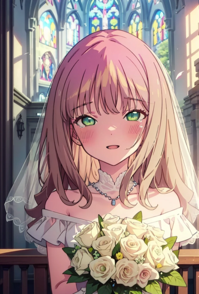 minami yume ,sss Dynazenon ,Long Hair, Brown Hair, (Green Eyes:1.5) ,blush,happy smile, smile, Open your mouth,Off-the-shoulder wedding dresses,Wedden Skirt,necklace,Veil,bouquet,Close both eyes,Tears stream down her face,Tears of joy,I cry a lot,　　　　　　　　　　　　 
 break looking at viewer, whole body,(Cowboy Shot:1. 5) 　　　　　　　　　　　　　　　　　　　break indoors, Chapel,church, 　　　　　　　　　　　break (masterpiece:1.2), Highest quality, High resolution, unity 8k wallpaper, (shape:0.8), (Beautiful attention to detail:1.6), Highly detailed face, Perfect lighting, Highly detailed CG, (Perfect hands, Perfect ???????),
