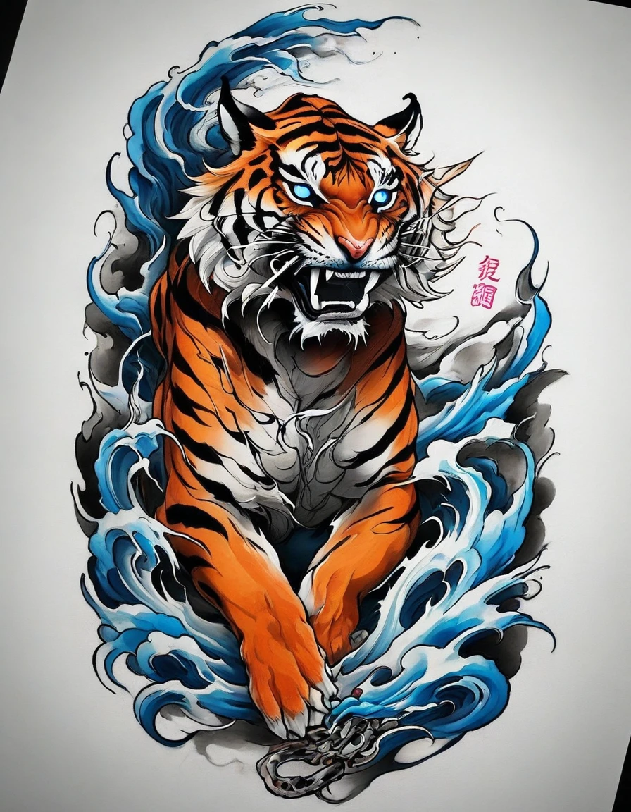 1 Tiger, Traditional Japanese tattoo design, realistic tattoo art of Orange tiger with (((Blue eyes))), he is with open mouth looking very fierce and angry, the background is Japanese wave tattoo with with pink sakura petal effect, (Unity 16K Wallpaper, masterpiece, Best Quality, high quality, Ultra-detailed, extremely details), 1 Tiger, Traditional Japanese tattoo design, realistic tattoo art of Orange tiger with (((Blue eyes))), he is with open mouth looking very fierce and angry, the background is Japanese wave tattoo with with pink sakura petal effect,
