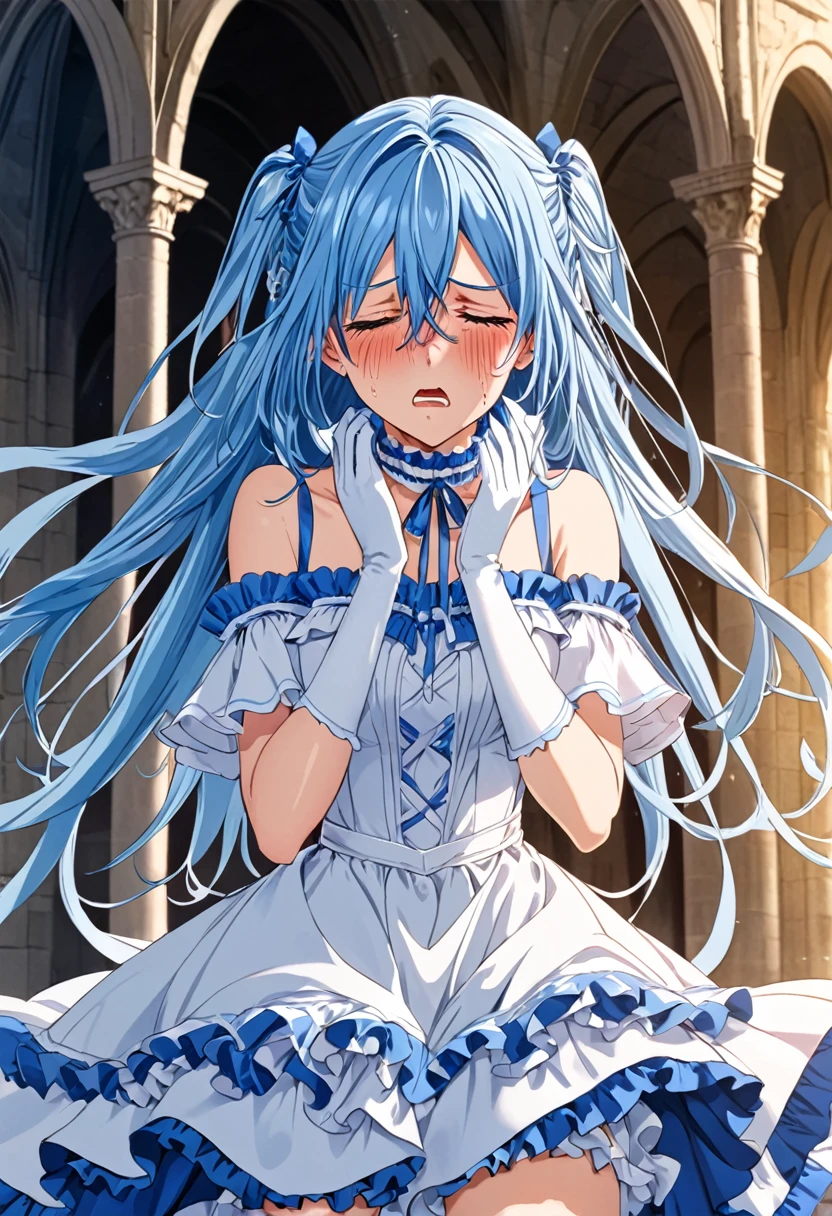 cure white, choker, Detailed hairstyle and outfit, Long, flowing blue hair, White and blue ruffled dress, White gloves and boots, Hold your ears with both hands, Blushing, In pain, suffer from the enemy's sonic attacks,Close ~ eyes,Dynamic and powerful scenes, Background with sound waves,masterpiece, Highest quality,, Highly detailed background, Perfect lighting, (beautiful, Highest quality:1.1), masterpiece, Perfect Eyes, (beautiful), (erotic:1.2)