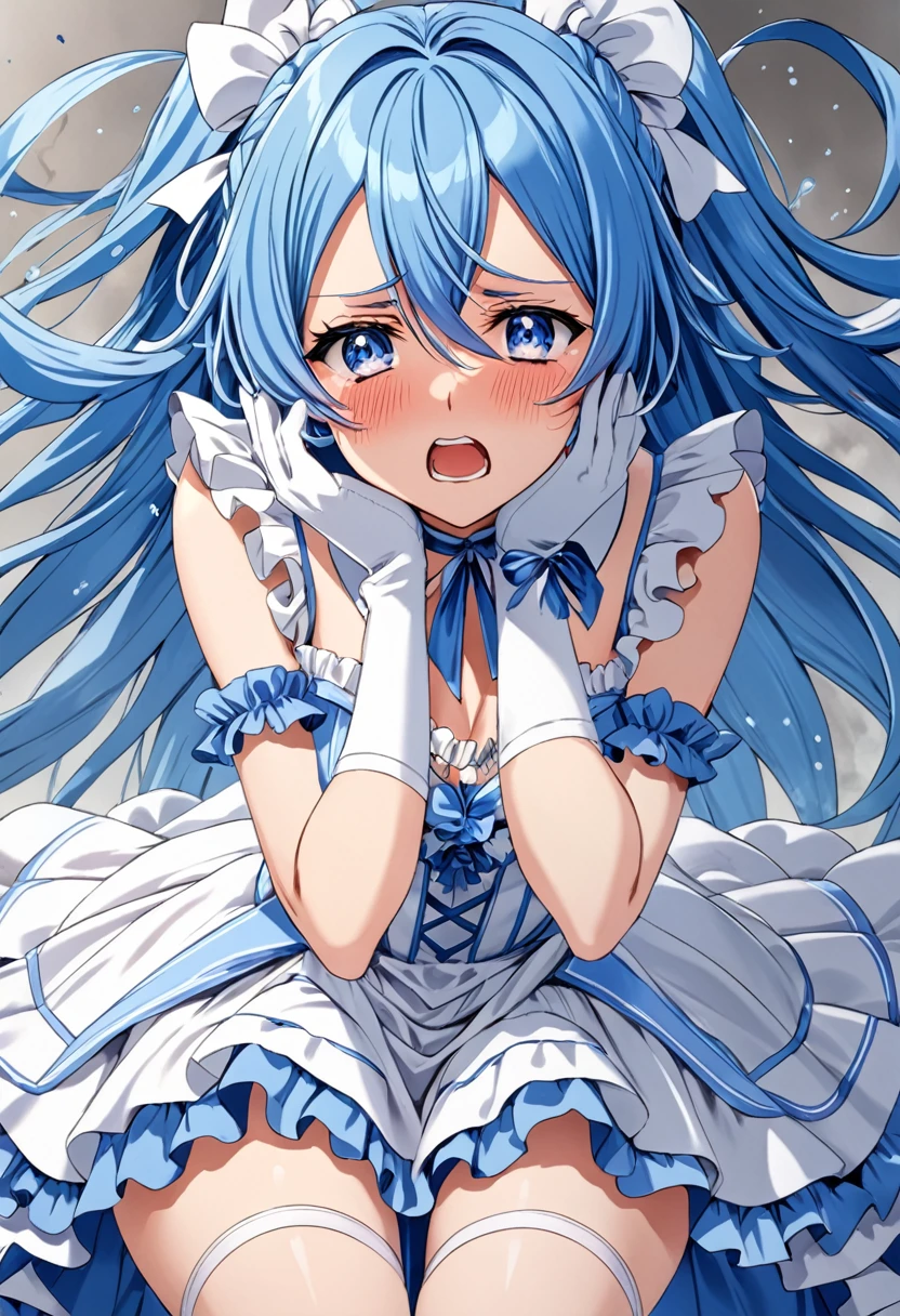 Cure White, choker, Thigh band,Detailed hairstyle and outfit, Long, flowing blue hair, White and blue ruffled dress, White gloves and boots, Hold your ears with both hands, Blushing, In pain, suffer from the enemy&#39;s sonic attacks, Dynamic and powerful scenes, Background with sound waves,masterpiece, Highest quality,, Highly detailed background, Perfect lighting, (beautiful, Highest quality:1.1), masterpiece, Perfect Eyes, (beautiful), (erotic:1.2) 