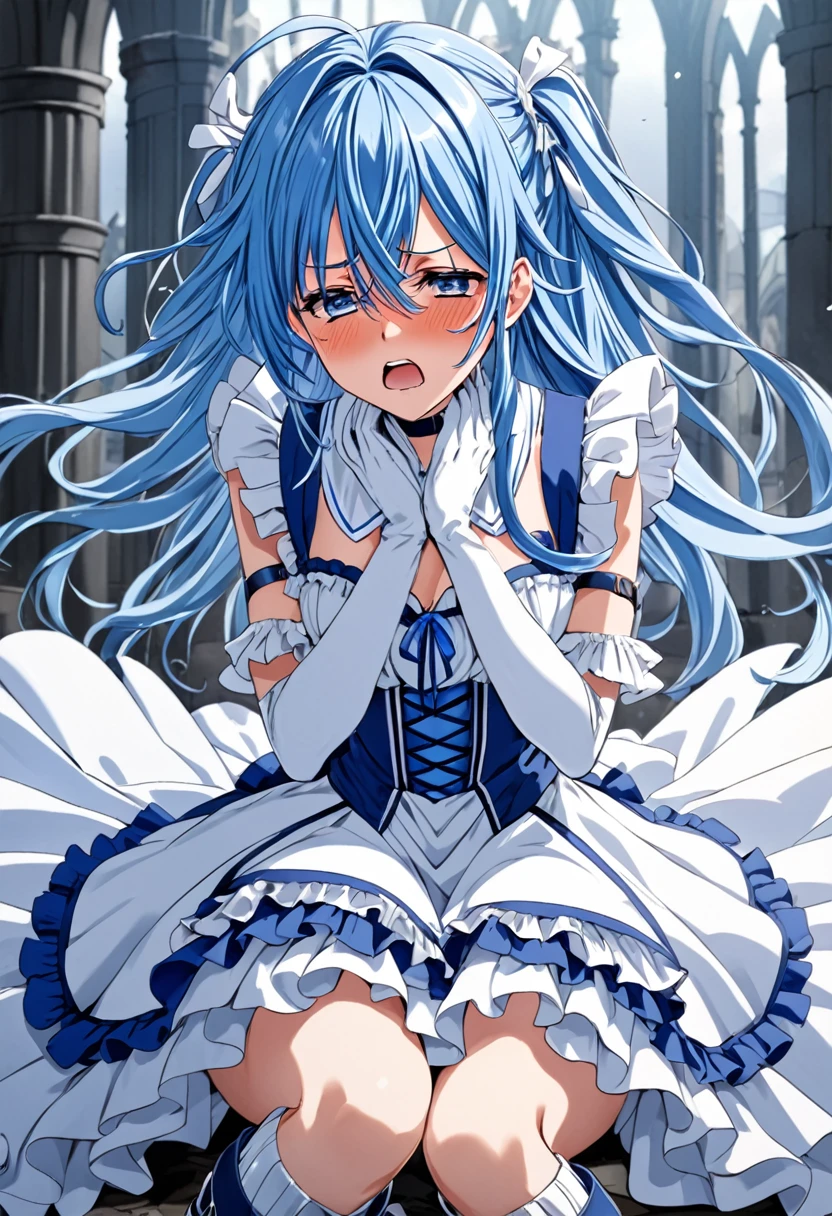 Cure White, choker, Thigh band,Detailed hairstyle and outfit, Long, flowing blue hair, White and blue ruffled dress, White gloves and boots, Hold your ears with both hands, Blushing, In pain, suffer from the enemy&#39;s sonic attacks, Dynamic and powerful scenes, Background with sound waves,masterpiece, Highest quality,, Highly detailed background, Perfect lighting, (beautiful, Highest quality:1.1), masterpiece, Perfect Eyes, (beautiful), (erotic:1.2) 