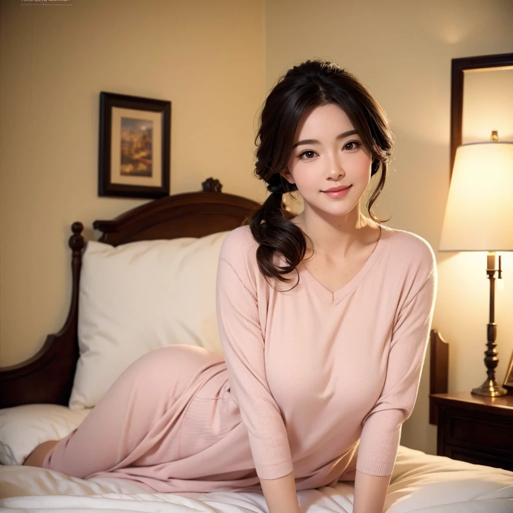 a gorgeous milf with rosy cheeks, smiling shyly, medium length hair in ponytail, casual outfit, lover, private bedroom, dating, intimate, detailed face, beautiful eyes, lush lips, intricate hairstyle, warm lighting, soft focus, photorealistic, cinematic composition, romantic atmosphere, high quality, masterpiece