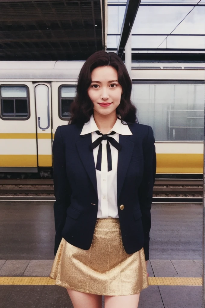 masterpiece,best quality,highres,Inoue Ayako,1990s \(style\),retro artstyle,1girl,solo,black eyes,brown long hair,cowboy shot,happy,Black blazer,matching black skirt,gold accents,white blouse,lace patterns,gold silk bow tie,looking at viewer,train station platform,arms behind back,