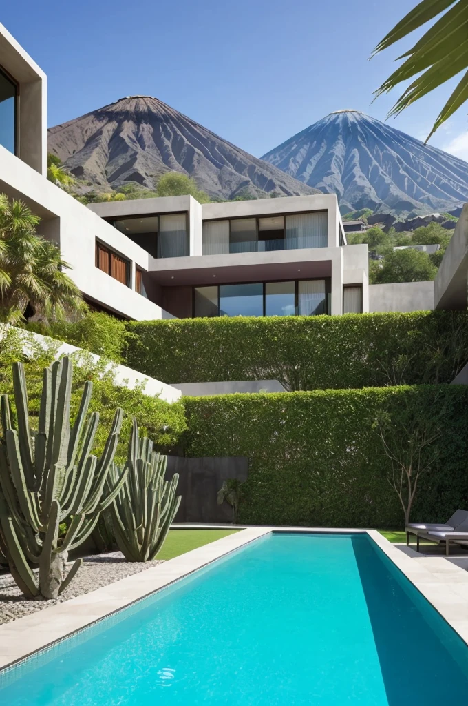 Multiple houses, brutalism style, Luis Barragán, Mountains in background, river, pool, terraces, stairs, garden terraces, trees, beautiful clouds, moon, sun, detailed, cacti, boulders, volcanic rocks, fuggy, Violet, orange, olive green, blue, magenta, amazing volcano in horizont, beautiful garden design