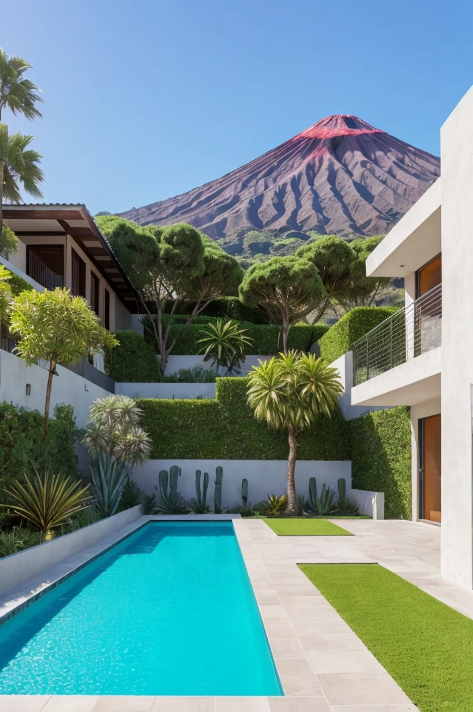 Multiple houses, brutalism style, Luis Barragán, Mountains in background, river, pool, terraces, stairs, garden terraces, trees, beautiful clouds, moon, sun, detailed, cacti, boulders, volcanic rocks, fuggy, Violet, orange, olive green, blue, magenta, amazing volcano in horizont, beautiful garden design