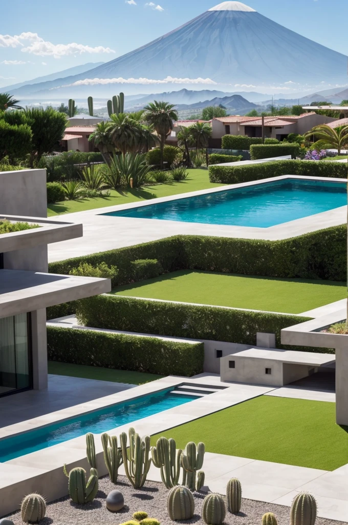 Multiple houses, brutalism style, Luis Barragán, Mountains in background, river, pool, terraces, stairs, garden terraces, trees, beautiful clouds, moon, sun, detailed, cacti, boulders, volcanic rocks, fuggy, Violet, orange, olive green, blue, magenta, amazing volcano in horizont, beautiful garden design