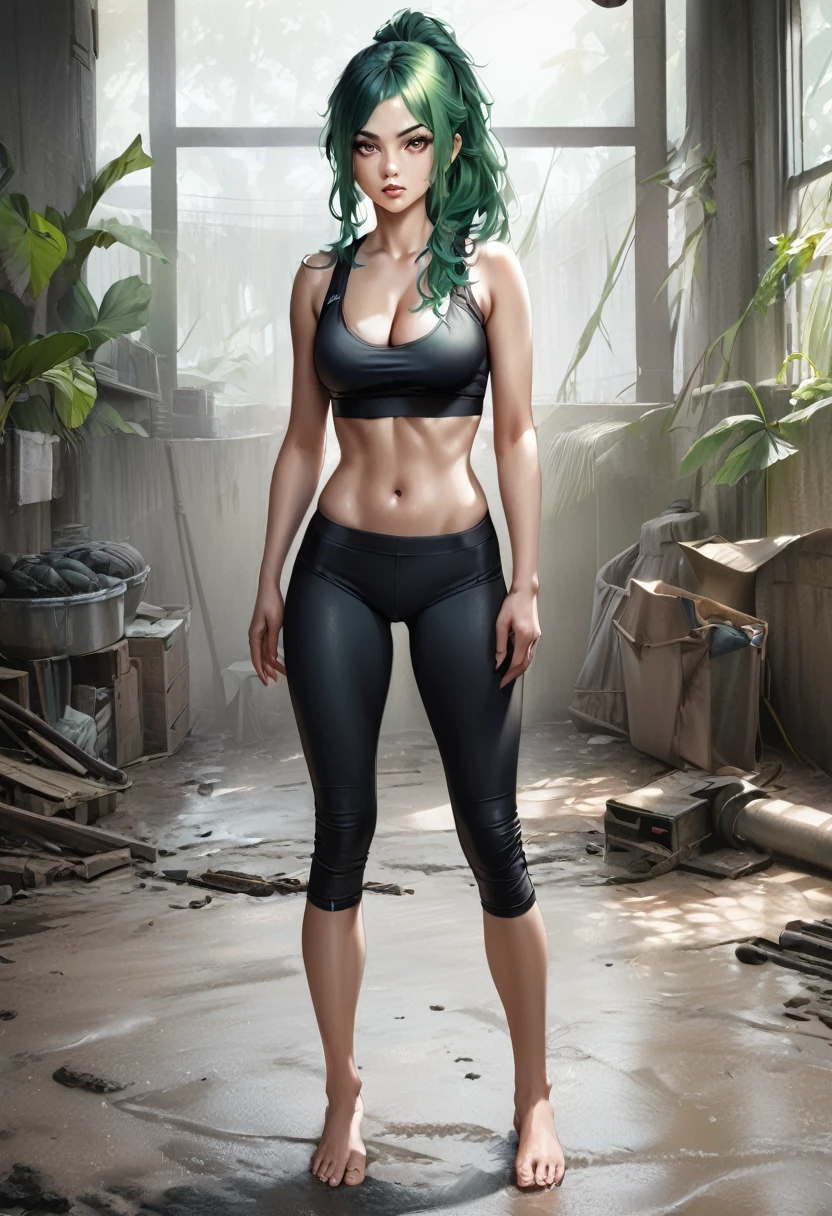 1girl, solo, navel, barefoot, breasts, full body, realistic, cleavage, green hair, long hair, midriff, medium breasts, standing, ponytail, underwear, looking at viewer, sports bra, black hair