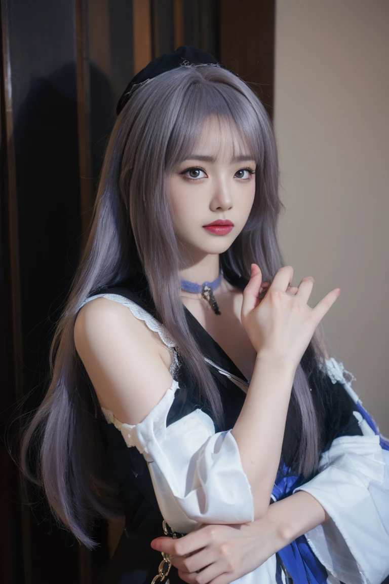 ulzzang-6500-v1.1,(raw photo:1.2),((photorealistic:1.4))best quality ,masterpiece, illustration, an extremely delicate and beautiful, extremely detailed ,CG ,unity ,8k wallpaper,  finely detail, best quality,extremely detailed CG unity 8k wallpaper,absurdres, incredibly absurdres, huge filesize, ultra-detailed, highres, extremely detailed,beautiful detailed girl, extremely detailed eyes and face, beautiful detailed eyes,light on face,cinematic lighting, 25 year old woman, 1girl, solo,(purple hair:1.5), long hair, drill hair, twin drills,blue eyes, jewelry, flower, bare shoulders, black gloves, school uniform, thighhighs,indoor, mirror, Curtain background, room, standing, upper body, medium breasts, looking at viwer,