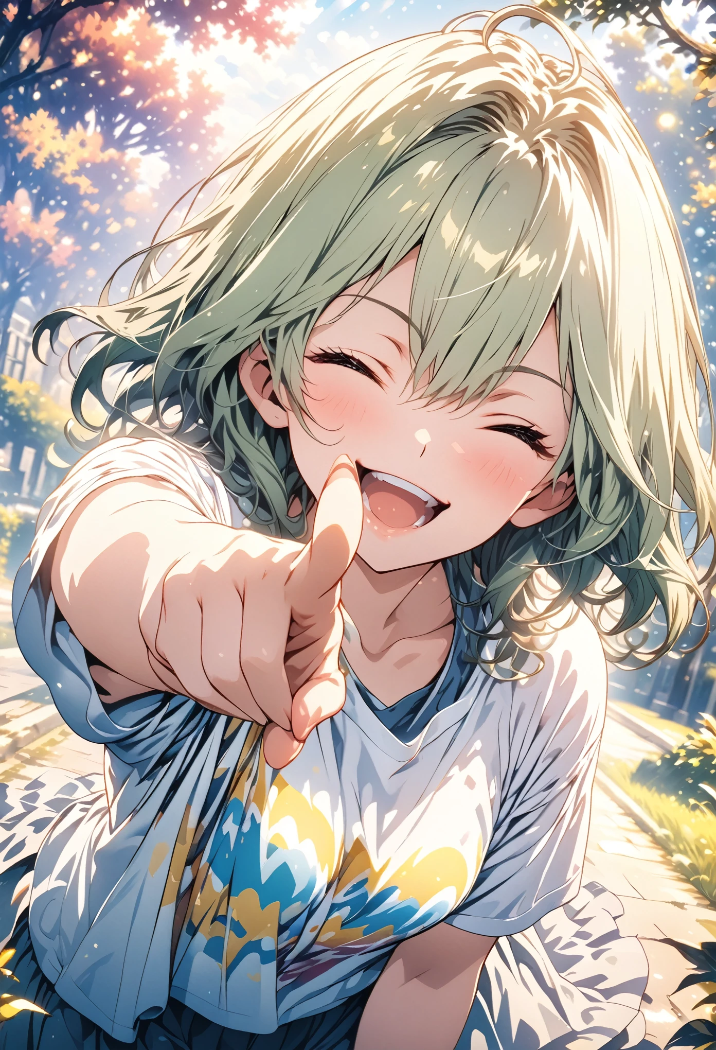 masterpiece, Highest quality, Highly detailed CG Unity 8K wallpapers, High School Girl Anime Illustration. Wearing an oversized T-shirt、She is pointing her finger、Green Hair、she has her eyes closed and mouth open, smile. The background is a light pastel colored landscape