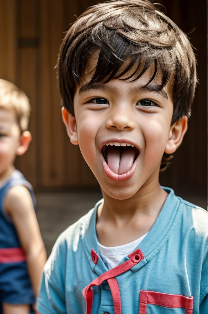 Boy sticking out his tongue with his friends