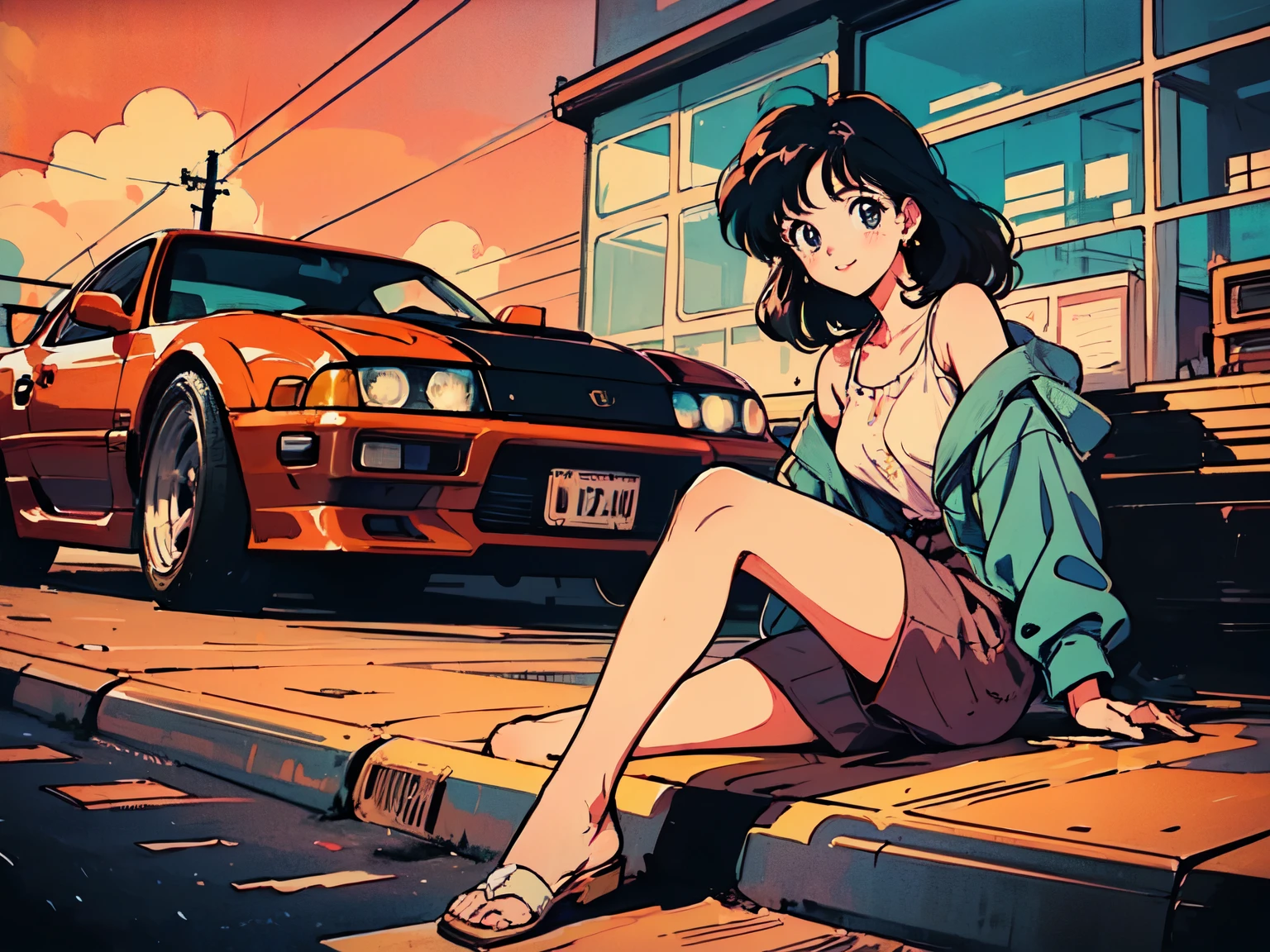 (80's, Retro, City Pop), (Album cover), (masterpiece, Highest quality, Intricate details), (anime, figure), (pastel colour:1.3), 16:9,Ocean,Sit in the car,
girl, alone, smile, A perfect eye for detail, Delicate face,High Fashion, 