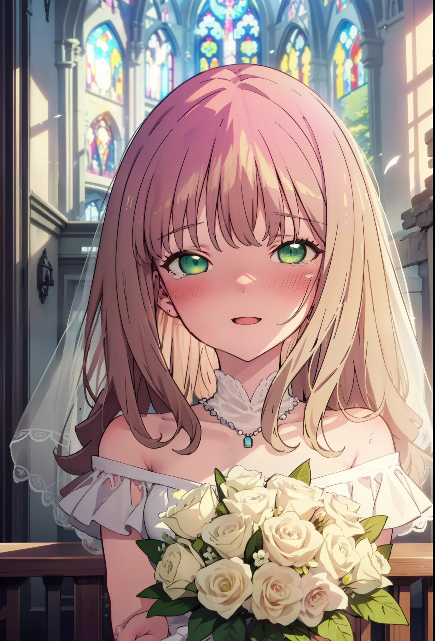 minami yume ,sss Dynazenon ,Long Hair, Brown Hair, (Green Eyes:1.5) ,blush,happy smile, smile, Open your mouth,Off-the-shoulder wedding dresses,Wedden Skirt,necklace,Veil,bouquet,Close both eyes,Tears stream down her face,Tears of joy,I cry a lot,　　　　　　　　　　　　 
 break looking at viewer, whole body,(Cowboy Shot:1. 5) 　　　　　　　　　　　　　　　　　　　break indoors, Chapel,church, 　　　　　　　　　　　break (masterpiece:1.2), Highest quality, High resolution, unity 8k wallpaper, (shape:0.8), (Beautiful attention to detail:1.6), Highly detailed face, Perfect lighting, Highly detailed CG, (Perfect hands, Perfect Anatomy),