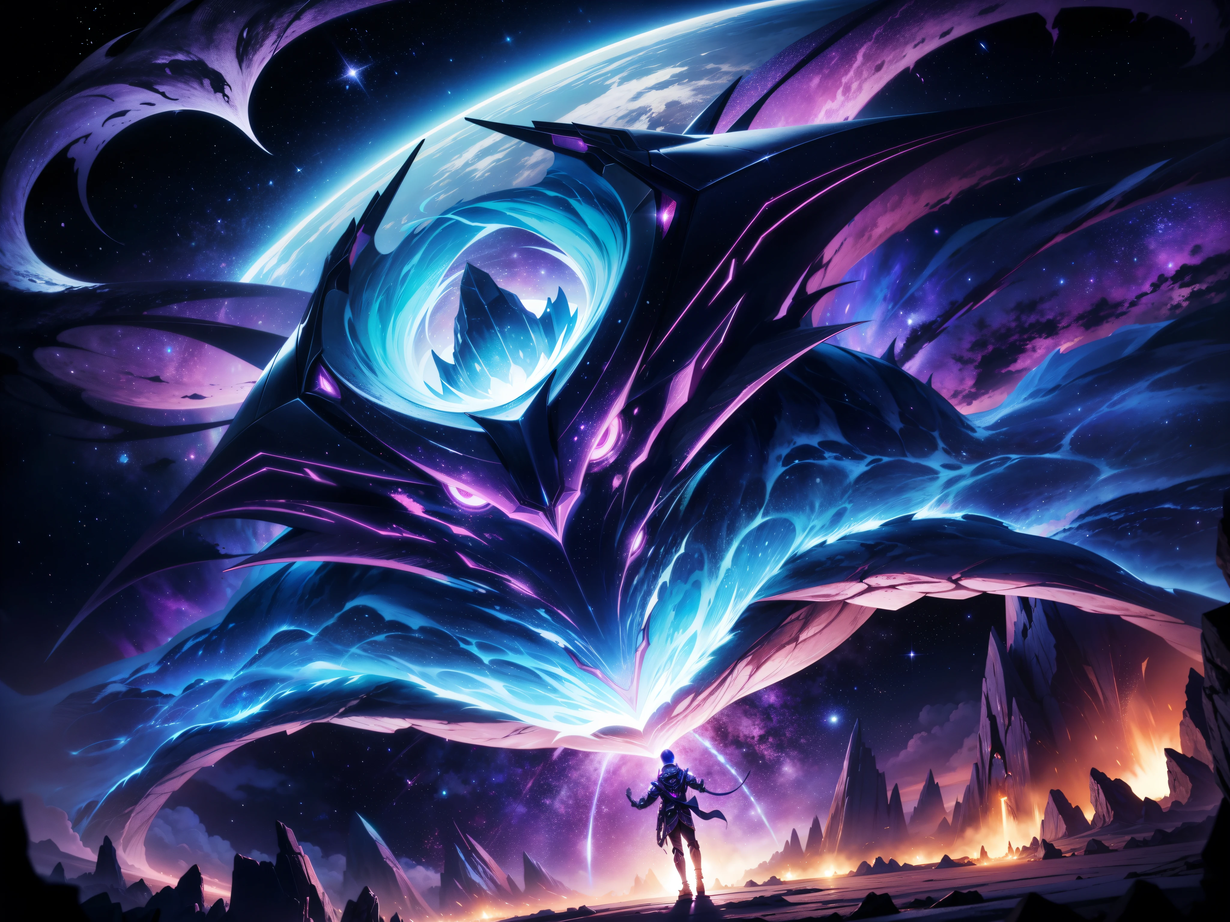 Create a mesmerizing cosmic scene featuring space dragon with evil maw ,nebula-like formations, glowing celestial bodies, and radiant energy waves that intertwine, illuminating the dark space with vibrant dim hues of blue and purple. amazing and outstanding quality:1.4
