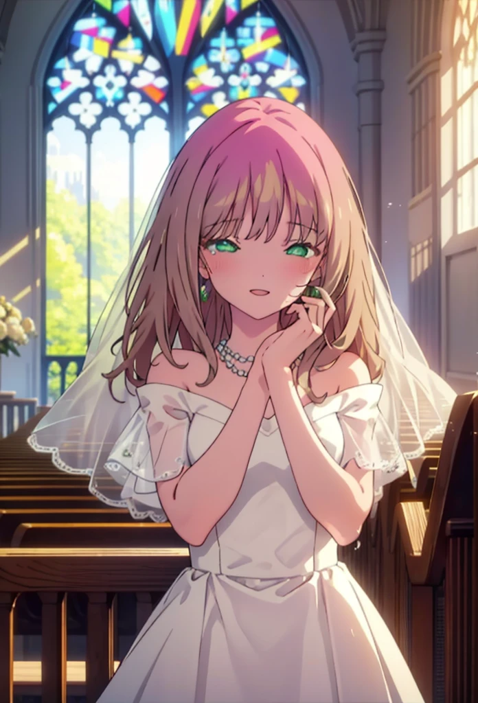 minami yume ,sss Dynazenon ,Long Hair, Brown Hair, (Green Eyes:1.5) ,blush,happy smile, smile, Open your mouth,Off-the-shoulder wedding dresses,Wedden Skirt,necklace,Veil,bouquet,Close both eyes,Tears stream down her face,Tears of joy,I cry a lot,
break looking at viewer, whole body,(Cowboy Shot:1. 5) break indoors, Chapel,church, break (masterpiece:1.2), Highest quality, High resolution, unity 8k wallpaper, (shape:0.8), (Beautiful attention to detail:1.6), Highly detailed face, Perfect lighting, Highly detailed CG, (Perfect hands, Perfect Anatomy),