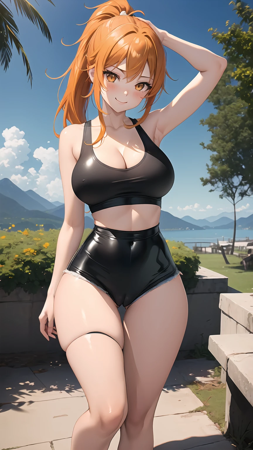 1girl, anime girl, anime, girl, 2d girl, y, (fullbody), standing, golden eyes, smiling, blush, (long hair, single ponytail, orange hair), ((black latex tank top, bare arms, bare shoulders)), ((cleavage, areolae, areola, areola exposed)), Solo, big , big breasts, nsfw, Tight Shorts, low waist shorts, upshorts, from below, flat terrain with mountains in the background, looking at viewer, darker shadows, (((sexy))), (((explicit))), (((shorts))), (((absurdres))), (((thigh gap))), cameltoe, (((cameltoe))), (((cleft of venus))), (((lowleg shorts))),