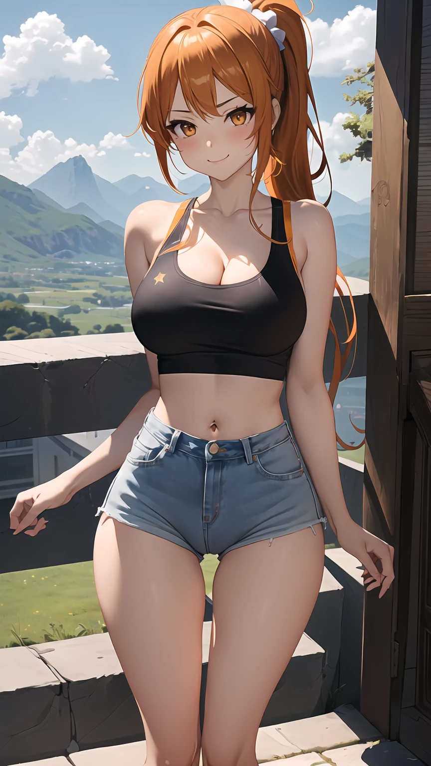 1girl, anime girl, anime, girl, 2d girl, y, (fullbody), standing, golden eyes, smiling, blush, (long hair, single ponytail, orange hair), ((black latex tank top, bare arms, bare shoulders)), ((cleavage, areolae, areola, areola exposed)), Solo, big , big breasts, nsfw, Tight Shorts, low waist shorts, upshorts, from below, flat terrain with mountains in the background, looking at viewer, darker shadows, (((sexy))), (((explicit))), (((shorts))), (((absurdres))), (((thigh gap))), cameltoe, (((cameltoe))), (((cleft of venus))), (((lowleg shorts))),