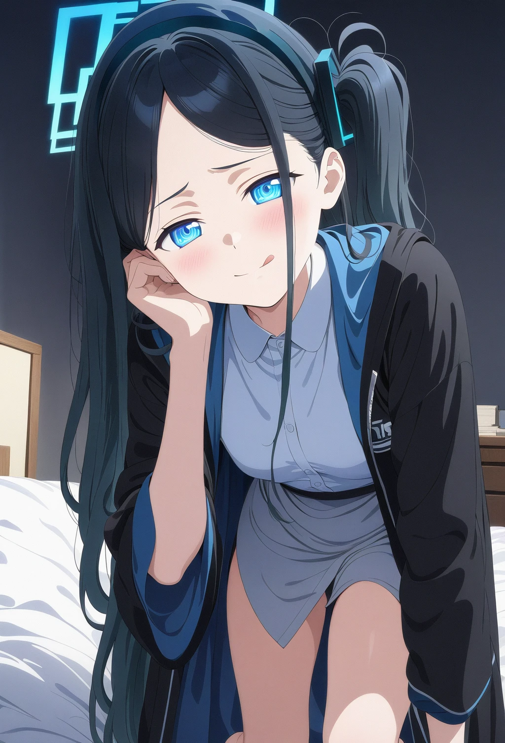 {{{{{{Round pupils}}}}}},on the street, Hoodie, up looking_で_viewer, Squatting, Authentic and detailed face, Smile, beautiful detailed deep eyes, Closed_Mouth, Authentic skin texture, Bag, extremely detailed CG unified 8k wallpaper, hight resolution, ultra-detailliert,