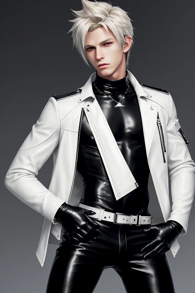 Final fantasy taste and reality graphics, Japanese young cute and cool ikemen boy, his age is early 20s, thin eyebrows and beady eyes, he wearing off white color leather thick material jacket, jacket is singlebrest, biker style jacket, with epaulet, jacket is long sleeve, must close the front of the leather jacket, , voluminous leather jacket, ,must jacket is high length and stand-up collar with two belts, jacket is a little black color line pattern,close the front of the jacket, also wearing black thick material turtleneck lackluster shirts, tight black leather pants, black leather tight and thin glove, black leather knee-high raceup boots,must views head-to-toe,must views whole body, boy looks like fashion model,Do not show skin from the neck down,leather jacket leather glove and leather pants have few wrinkles,boy in the prison room, Avoid showing your innerwear,zip up jacket fastner.
Boy touching owns private parts with right hand.
Bous face is expression of ecstasy.