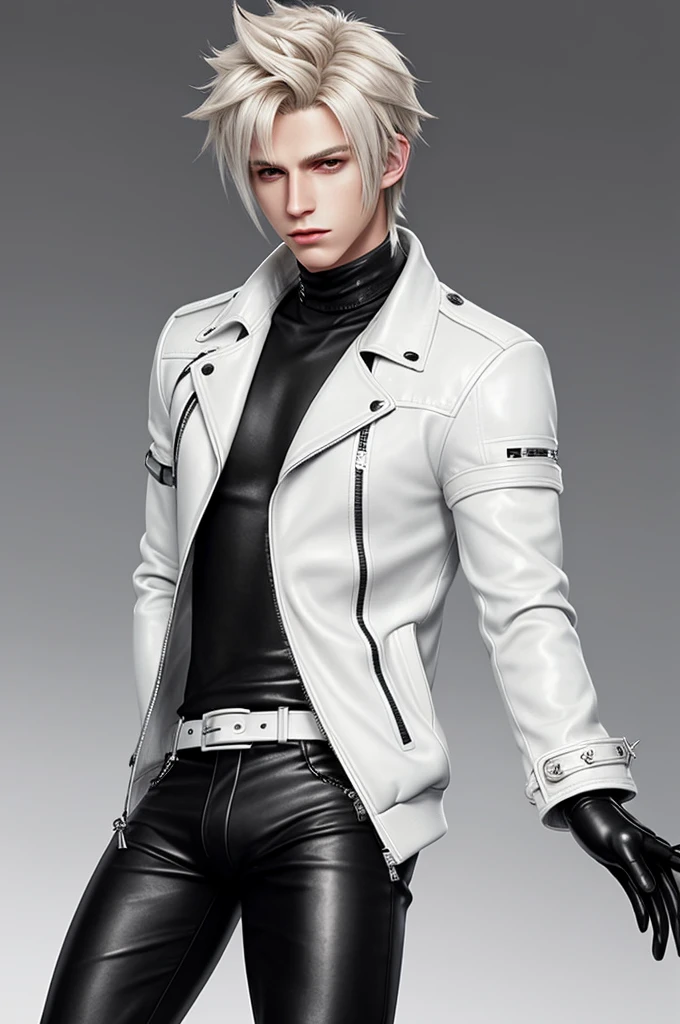 Final fantasy taste and reality graphics, Japanese young cute and cool ikemen boy, his age is early 20s, thin eyebrows and beady eyes, he wearing off white color leather thick material jacket, jacket is singlebrest, biker style jacket, with epaulet, jacket is long sleeve, must close the front of the leather jacket, , voluminous leather jacket, ,must jacket is high length and stand-up collar with two belts, jacket is a little black color line pattern,close the front of the jacket, also wearing black thick material turtleneck lackluster shirts, tight black leather pants, black leather tight and thin glove, black leather knee-high raceup boots,must views head-to-toe,must views whole body, boy looks like fashion model,Do not show skin from the neck down,leather jacket leather glove and leather pants have few wrinkles,boy in the prison room, Avoid showing your innerwear,zip up jacket fastner.
Boy touching owns private parts with right hand.
Bous face is expression of ecstasy.