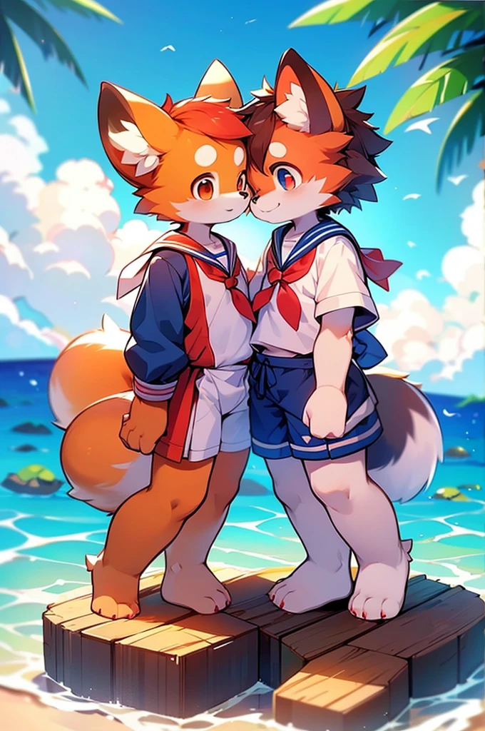 Red Panda Boy,8k resolution,Furry, Ocean,Sailor uniform,Red collar,Two legs,Stand on your feet! towering,lanky,lanky