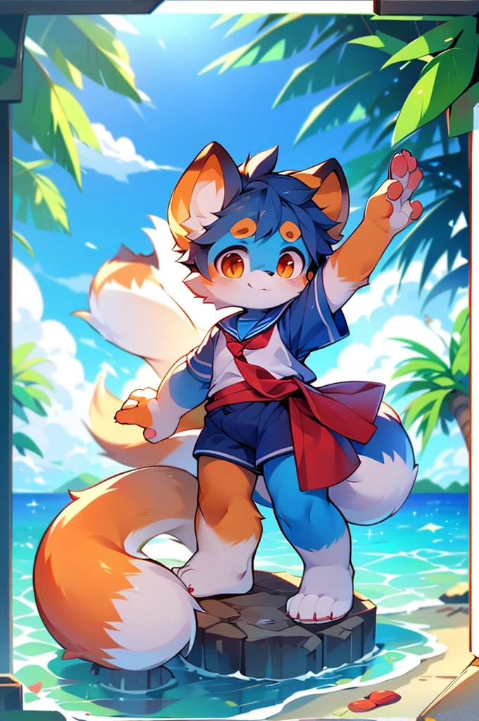 Red Panda Boy,8k resolution,Furry,          Ocean,Sailor uniform,Red collar,Two legs,Stand on your feet！                towering,lanky,lanky