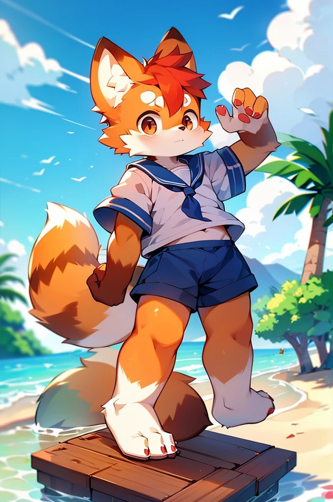 Red Panda Boy,8k resolution,Furry,          Ocean,Sailor uniform,Red collar,Two legs,Stand on your feet！                towering,lanky,lanky
