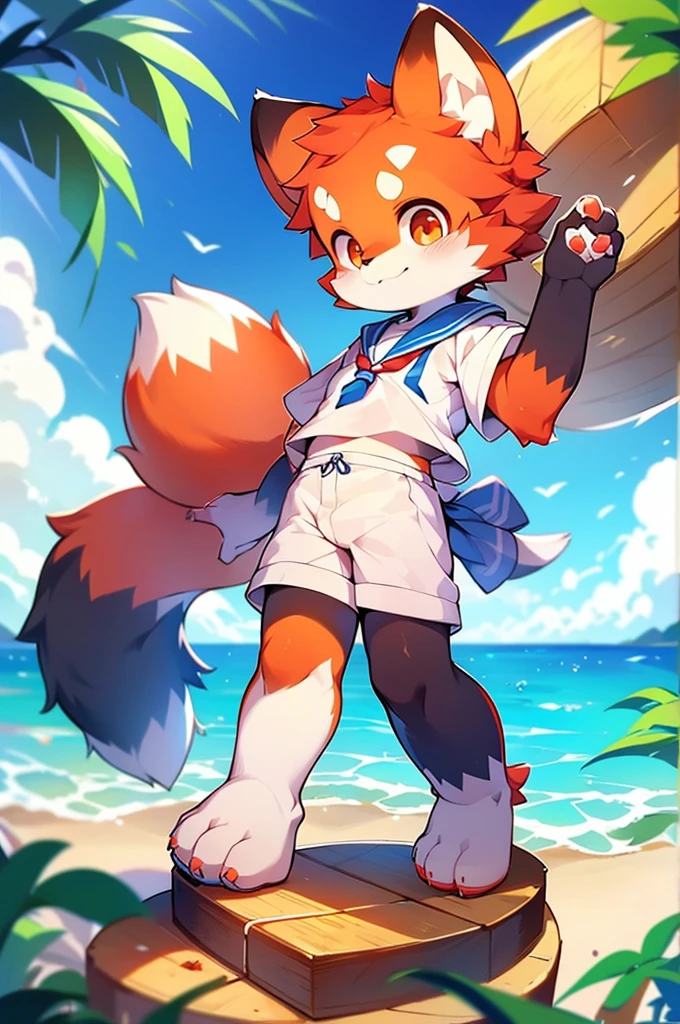 Red Panda Boy,8k resolution,Furry,          Ocean,Sailor uniform,Red collar,Two legs,Stand on your feet！                towering,lanky,lanky