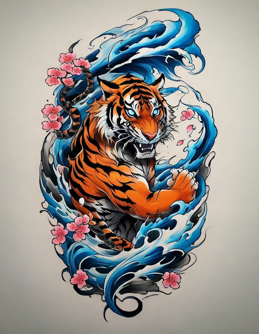 (((Solo tiger))), realistic tattoo art of Orange tiger with (((Blue eyes))) with pink sakura petal effect ,he is with open mouth looking very fierce and angry, the background is Japanese wave tattoo, (Unity 16K Wallpaper, masterpiece, Best Quality, high quality, Ultra-detailed, extremely details), a tattoo design, realistic tattoo art of Orange tiger with (((Blue eyes))) with pink sakura petal effect ,he is with open mouth looking very fierce and angry, the background is Japanese wave tattoo,