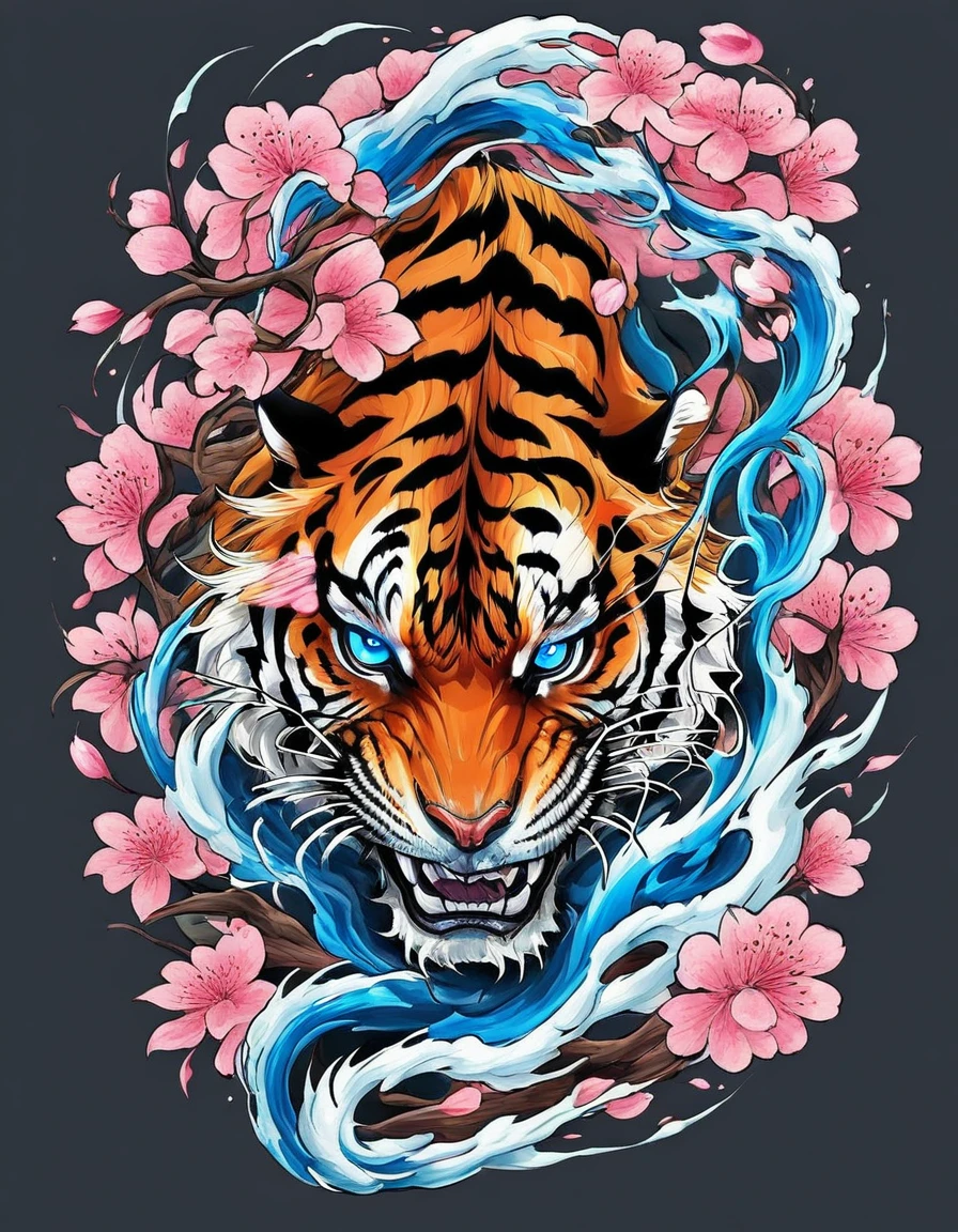 ((1 Tiger)), Traditional Japanese tattoo design, realistic tattoo art of Orange tiger with (((Blue eyes))), he is with open mouth looking very fierce and angry, the background is Japanese wave tattoo with with pink sakura petal effect, (Unity 16K Wallpaper, masterpiece, Best Quality, high quality, Ultra-detailed, extremely details), 1 Tiger, Traditional Japanese tattoo design, realistic tattoo art of Orange tiger with (((Blue eyes))), he is with open mouth looking very fierce and angry, the background is Japanese wave tattoo with with pink sakura petal effect,