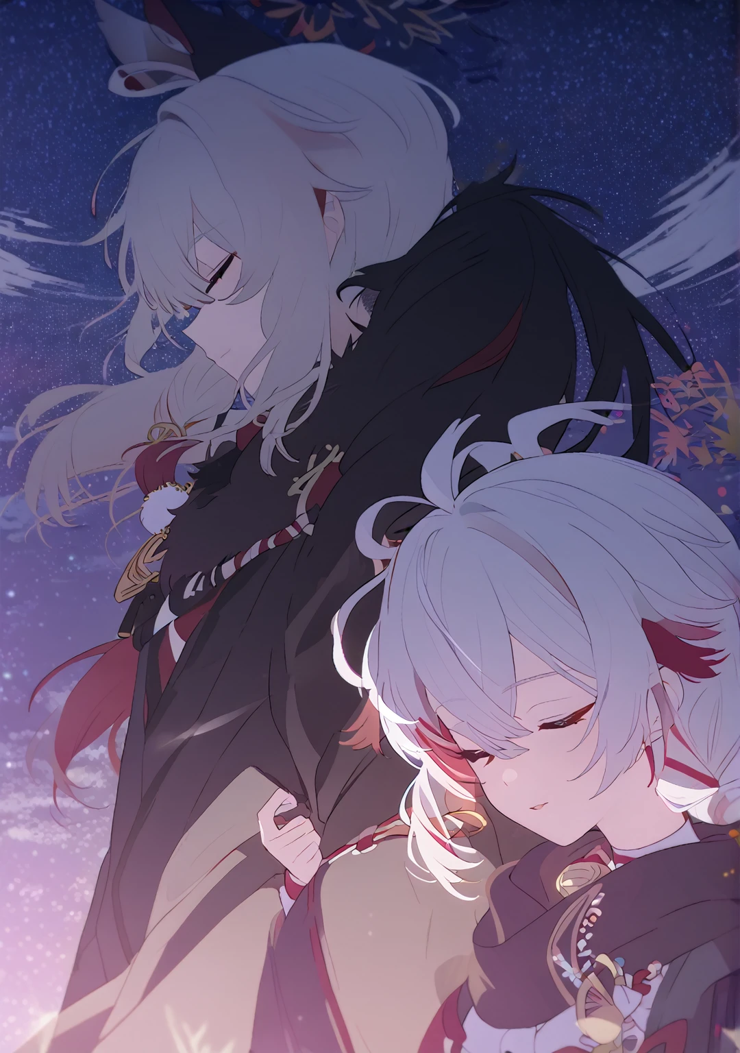 Man and woman couple, couple, walking under the stars, at night, very close, 1 girl, Columbina, multicilor hair, two color hair, colored inner hair, decoration for your hair, black fur, dark fur, with red outline, closed eyes, 1 chico, Kaedehara Kazuha, white hair with a red streak, hair ornament