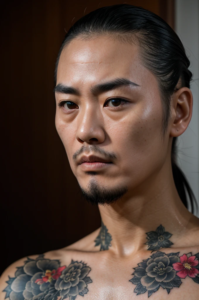 (8ก, raw photos, High qualityสุด), Fully intelligent man, former yakuza, Wear a kimono, Looks dangerous, tattoo, hair follicles, Skin flaws, Very high resolution details, Take a photo, Realism is pushed to the extreme., fine texture, 4K, Very detailed, High quality, high contrast