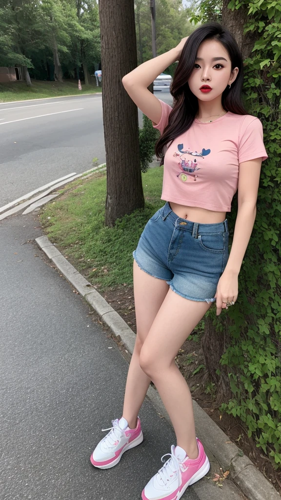 a very cute girl, solo, young, wearing pink t shirt and short pants, medium breast, standing, long hairs, red lips, at forest, realistic face, full body, green shoes