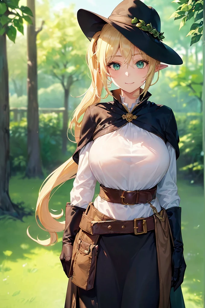 (((masterpiece; best quality: 1.2))), (finely detailed eyes: 1.3), (25 year old elf woman), (solo), (green eyes: 1.4), (body; big breasts, fit, femenine: 1.3), (silky blonde hair in low ponytail: 1.3), (beautiful and clear background: 1.2), ((depth of field)), (equipment: adventurer garb + modest + elegant wide-brim hat + dark blouse + dark cape + black long skirt + gloves + belt + pouches: 1.3), (anime illustration: 1.2), (background composition; royal garden: 1.1), (extremely fine and beautiful: 1.1), (shot composition; standing + centered on torso + close-up: 1.5), (expression; calm, smile: 1.2)