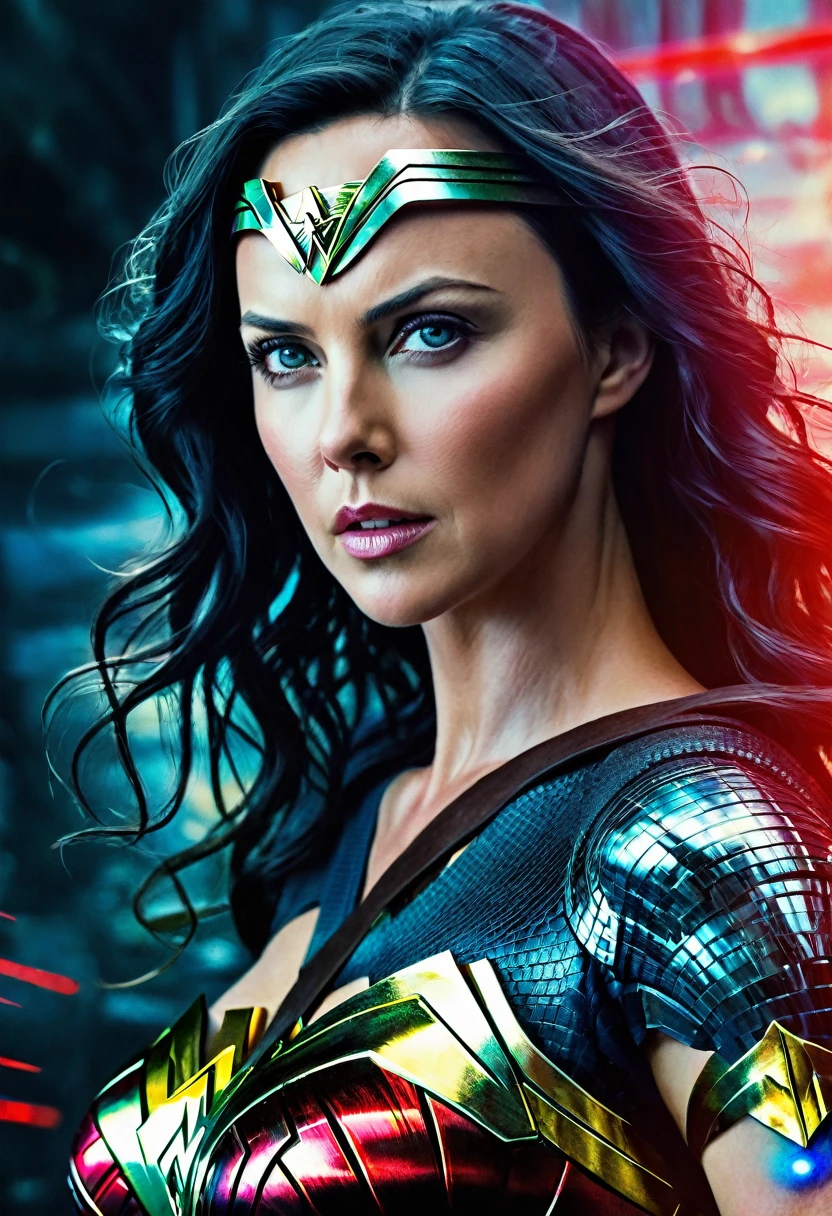 (((Extreme close-up Charlize Theron Cybernetics Wonder Woman Surreal and cinematic images Color Splash images Front Images Diaema Wonder Woman cybernetic woman)))