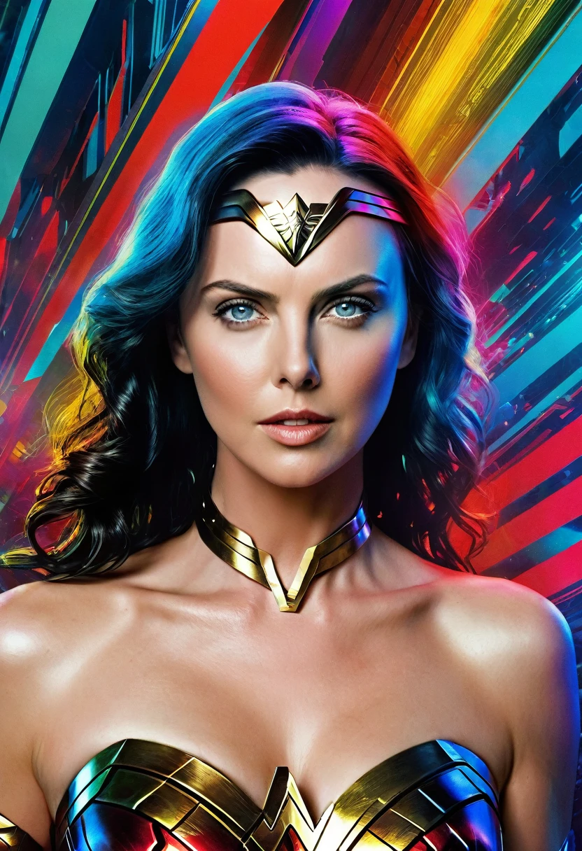 (((Extreme close-up Charlize Theron Cybernetics Wonder Woman Surreal and cinematic images Color Splash images Front Images Diaema Wonder Woman cybernetic woman)))