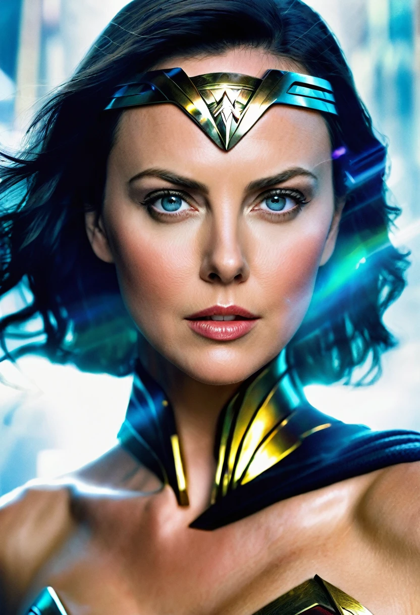 (((Extreme close-up Charlize Theron Cybernetics Wonder Woman Surreal and cinematic images Color Splash images Front Images Diaema Wonder Woman cybernetic woman)))