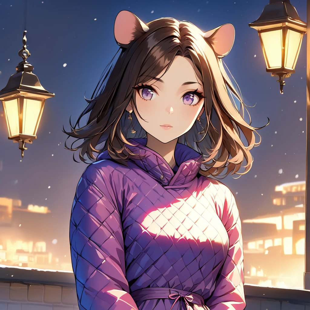 1 girl, ((Masterpiece, high quality, HD, High Details)), Bell Shape breasts (Narrower at the top and fuller at the bottom, resembling a bell), Eyes: Almond-shaped, dark brown, Nose: Small and slightly upturned, Lips: Full, rosy pink, Hair: Long, wavy, black, Skin Tone: Fair with a pink undertone, Eyebrows: Thick and gently arched, Cheekbones: High and defined, Chin: Rounded, Ears: Small and close to the head, Expression: Serene and thoughtful, wearing (Quilted puffer dress), background: winter, outside inventory storage, Standing with hands on hips, looking at viewer