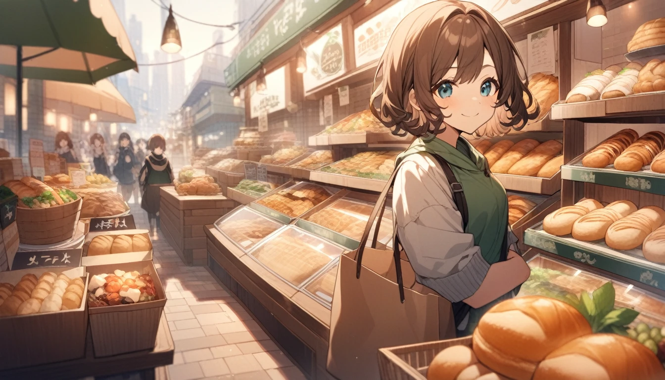 One girl, smile,  Brown curly hair, short hair, A little smudged makeup, Expensive clothing, Portion, Blurred fantasy city background,Big shopping bag,Lots of food stalls,Portionの店,bakery
