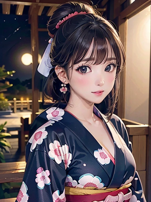 (Highest quality、 8k wallpaper、masterpiece、High resolution)、Vibrant colors、Ample breasts、Black hair in a Japanese round topknot、Brown-black bob、Beautiful girl in yukata、Vivid floral pattern、whole body、(Highly detailed face and eyes、Beautiful Face、Beautiful Eyes、Beautiful nose、Pretty lips)、A friendly gaze、Highly detailed background、Japanese garden、moonlight、Full moon and starry sky、Official Art、