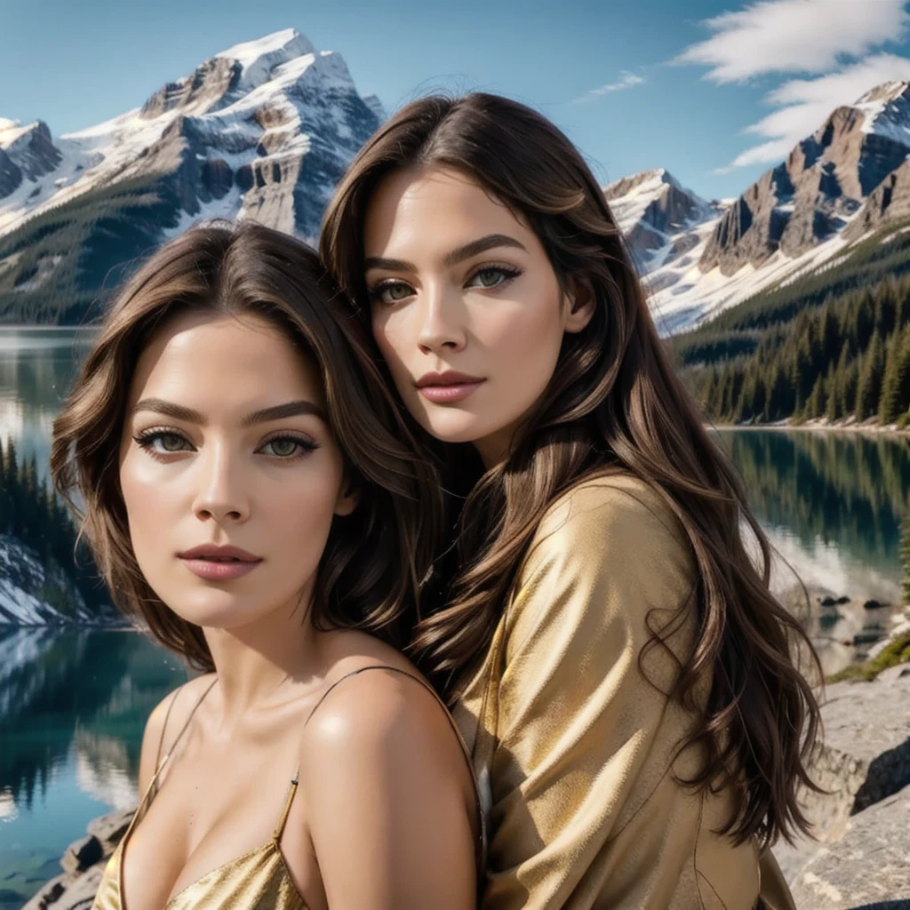twin models, beautiful detailed eyes, beautiful detailed lips, extremely detailed eyes and face, long eyelashes, looking at camera, overlooking a lake in the Canadian Rockies, mountainous landscape, natural lighting, golden hour, mist, serene, atmospheric, dramatic, cinematic, photorealistic, 8k, masterpiece