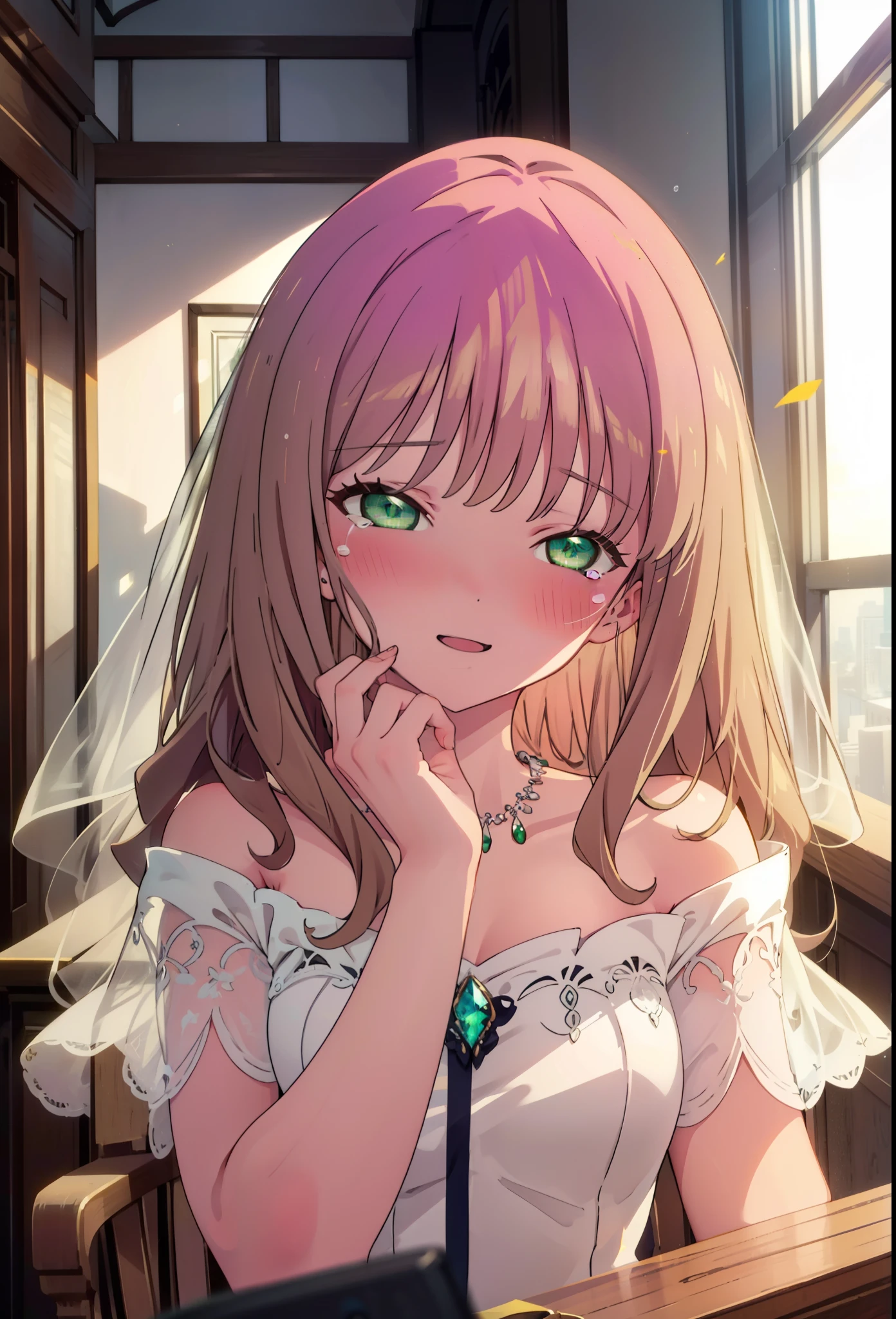 minami yume ,sss Dynazenon ,Long Hair, Brown Hair, (Green Eyes:1.5) ,blush,happy smile, smile, Open your mouth,Off-the-shoulder wedding dresses,Wedden Skirt,necklace,Veil,bouquet,Close both eyes,Tears stream down her face,Tears of joy,I cry a lot,
break looking at viewer, whole body,(Cowboy Shot:1. 5) break indoors, Chapel,church, break (masterpiece:1.2), Highest quality, High resolution, unity 8k wallpaper, (shape:0.8), (Beautiful attention to detail:1.6), Highly detailed face, Perfect lighting, Highly detailed CG, (Perfect hands, Perfect ???????),