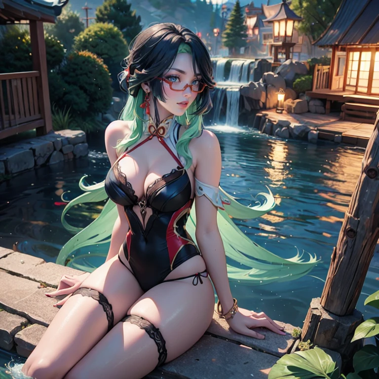 Xianyun_(genshin impact), 1girl, red roses, multicolored hair, black hair, green hair, long hair, glasses, night sky, red swim suit, frills, red laces, lace garter, lake scene, seat on the water, swim suit, more details on her clothes, golden details on her clothes, night scene, smiling, solo, alone, jewelry, lake scenery, waterfall, sitting