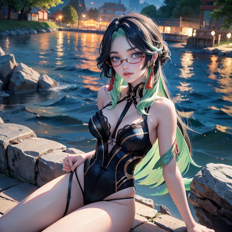 Xianyun_(genshin impact), 1girl, red roses, multicolored hair, black hair, green hair, long hair, glasses, night sky, red swim suit, frills, red laces, lace garter, lake scene, seat on the water, swim suit, more details on her clothes, golden details on her clothes, night scene, smiling, solo, alone, jewelry, lake scenery, waterfall, sitting