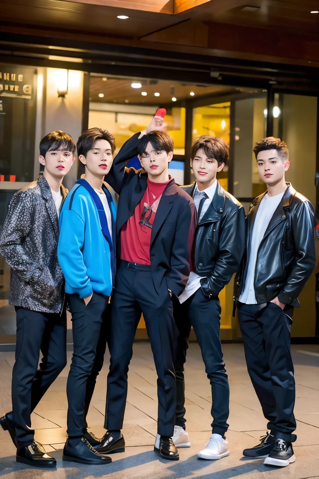 ((Highest quality)), ((masterpiece)), Four young men, Male idols, cool, Lively atmosphere, Group photo