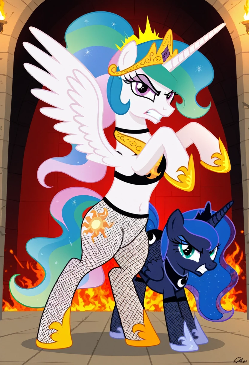 Pony  angry  Princessa luna in   in fishnet tights  b locked in a dungeon fight celestia 