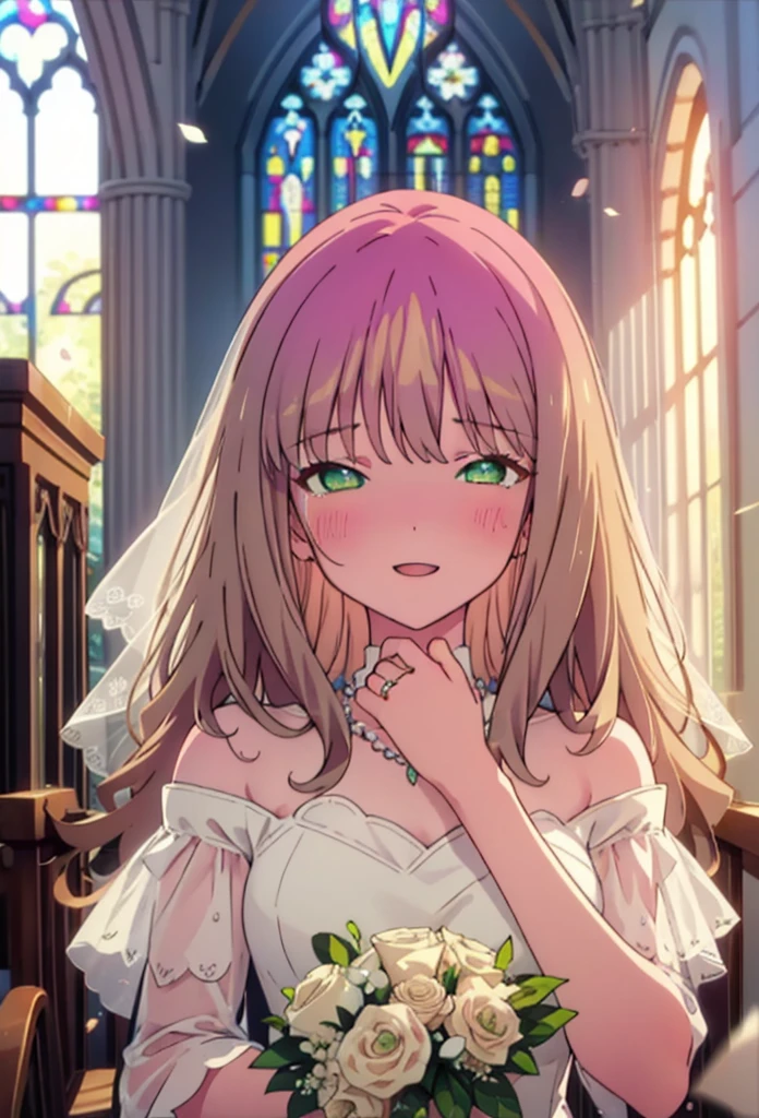 minami yume ,sss Dynazenon ,Long Hair, Brown Hair, (Green Eyes:1.5) ,blush,happy smile, smile, Open your mouth,Off-the-shoulder wedding dresses,Wedden Skirt,necklace,Veil,bouquet,Close both eyes,Tears stream down her face,Tears of joy,I cry a lot,
break looking at viewer, whole body,(Cowboy Shot:1. 5) break indoors, Chapel,church, break (masterpiece:1.2), Highest quality, High resolution, unity 8k wallpaper, (shape:0.8), (Beautiful attention to detail:1.6), Highly detailed face, Perfect lighting, Highly detailed CG, (Perfect hands, Perfect Anatomy),